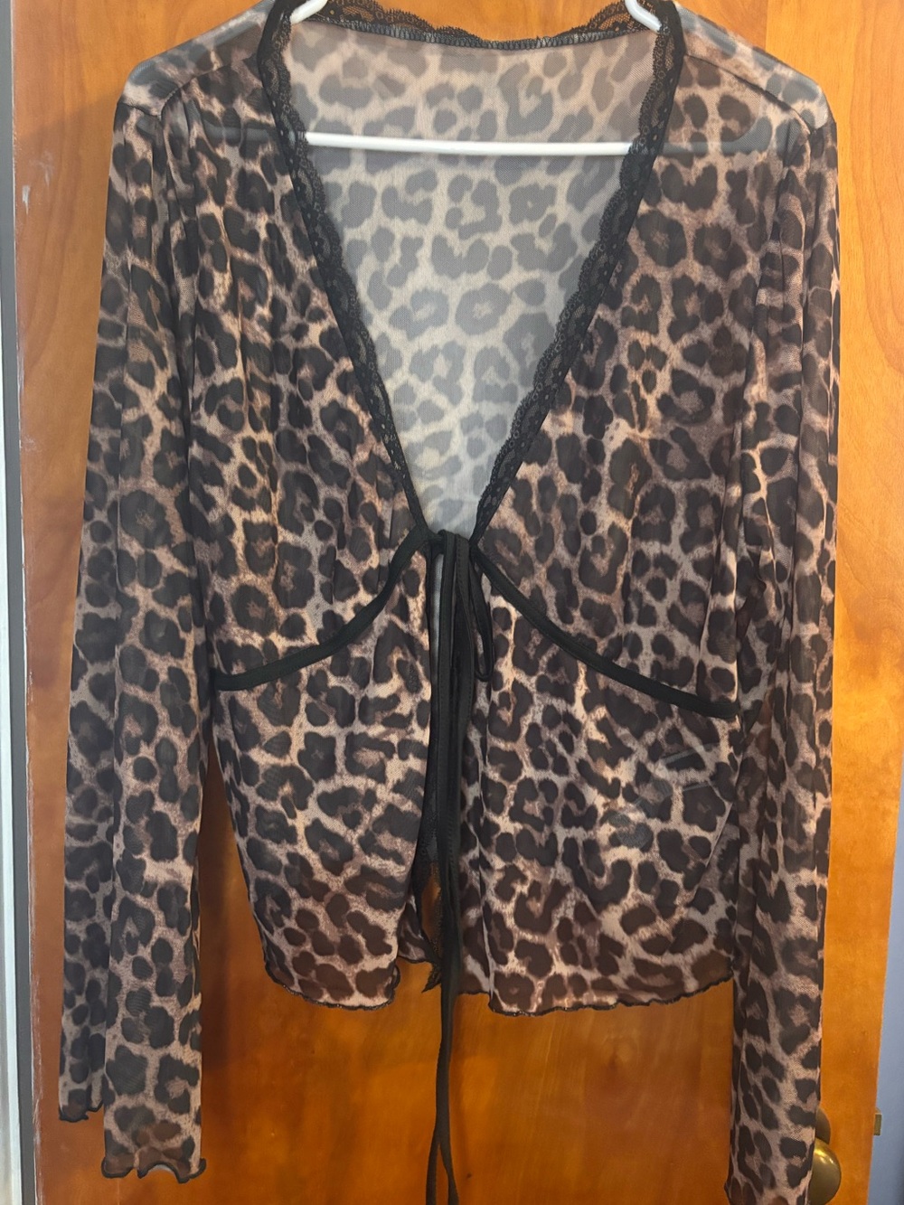 Sheer Leopard Print Tie-Front Top in Brown and Black